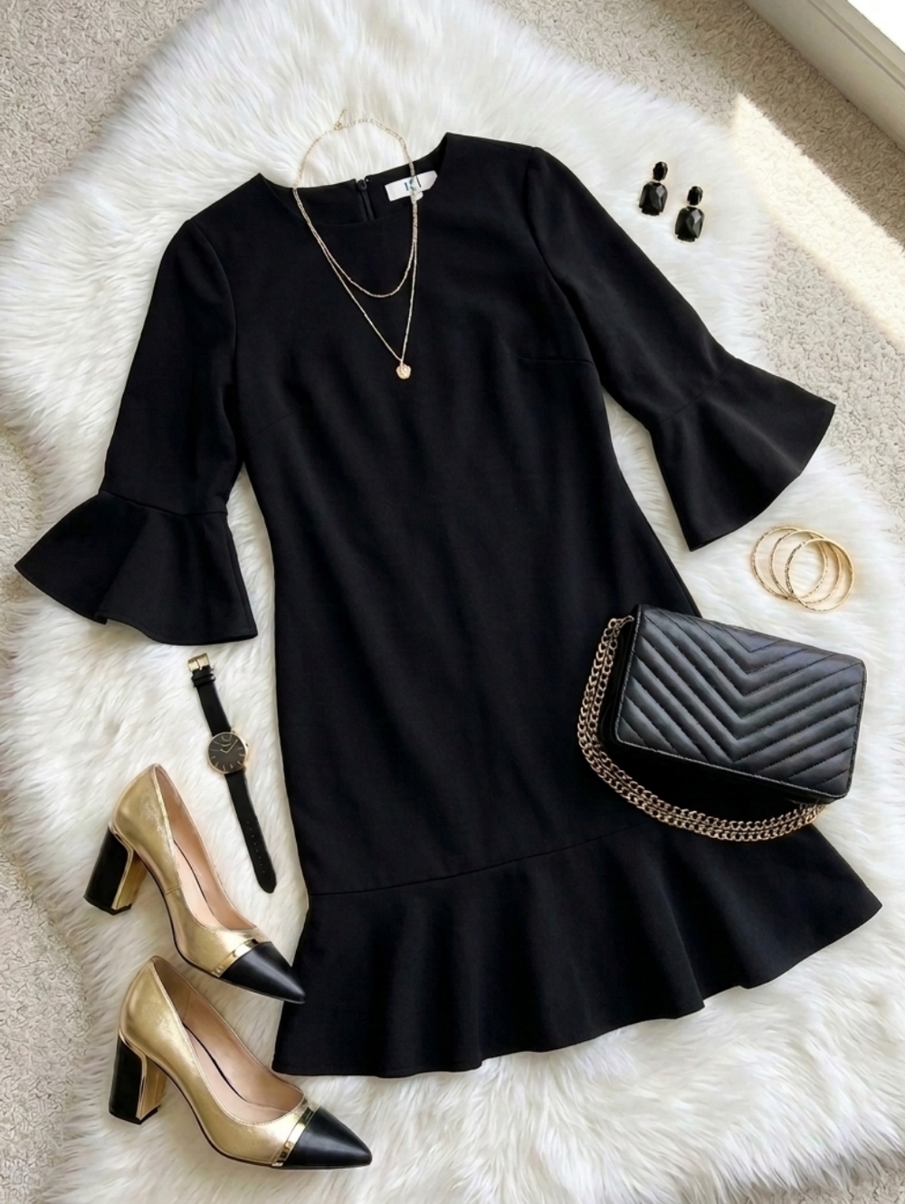 ECI Black Ruffle-Hem Bell Sleeve Mini Dress